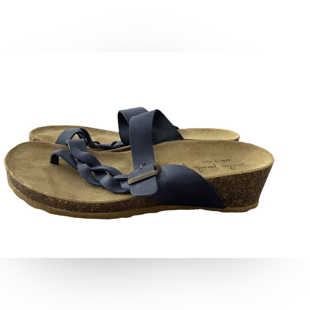 Mila Paoli Women Sz 9Cork Wedge Leather Sandals Blue Toe Wrap Braid Buckle Strap - Picture 3 of 7
